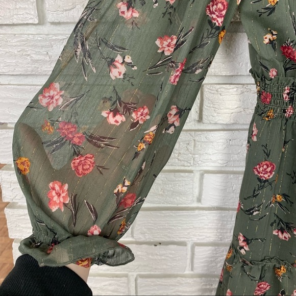 NWT Drew Floral Print High Neck Ruffle Smocked Chiffon Mini Dress Green Small - Picture 5 of 10